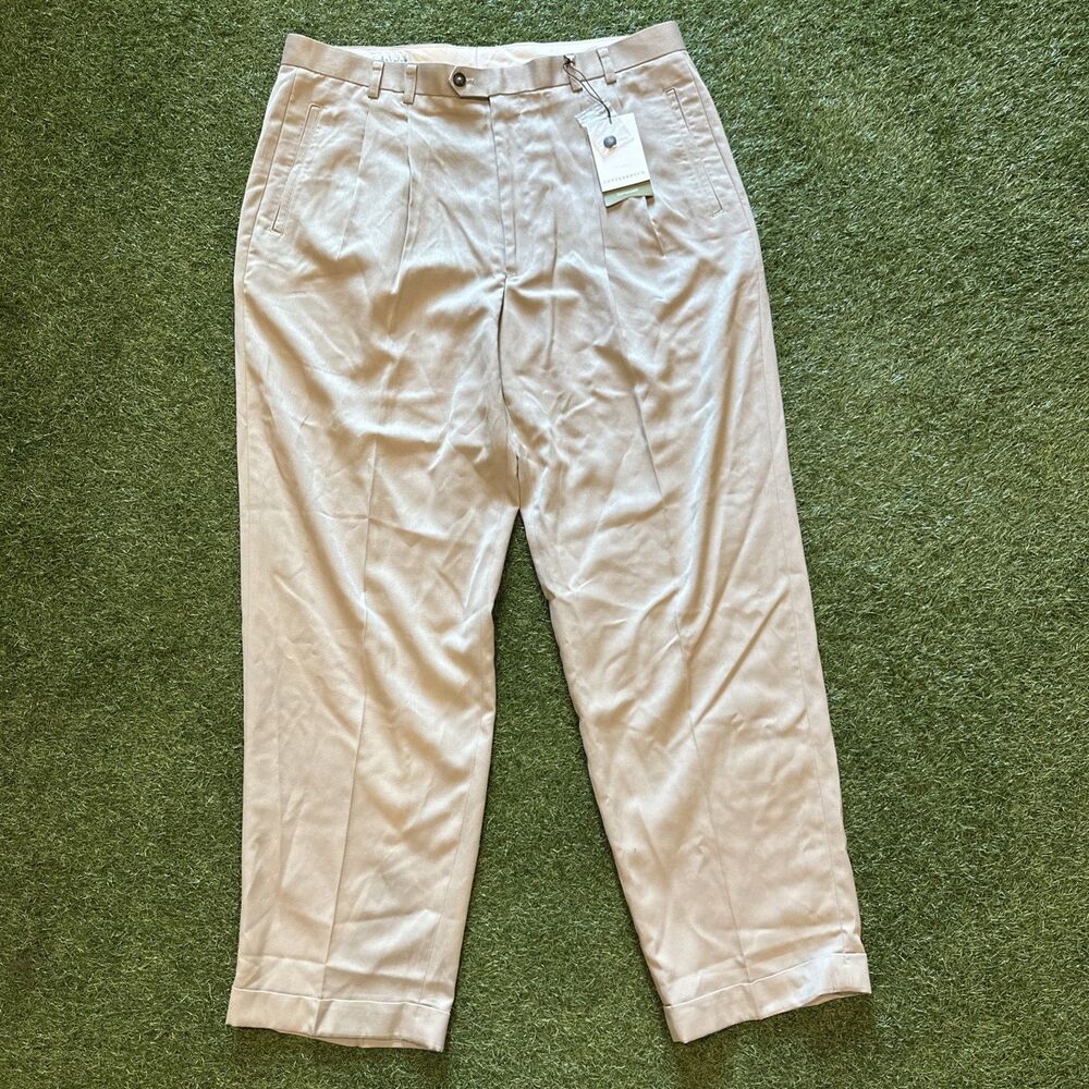 New Cutter Buck Pleated Golf Pants Mens 38 x 32 Khaki Classic Fit Cuffed NWT